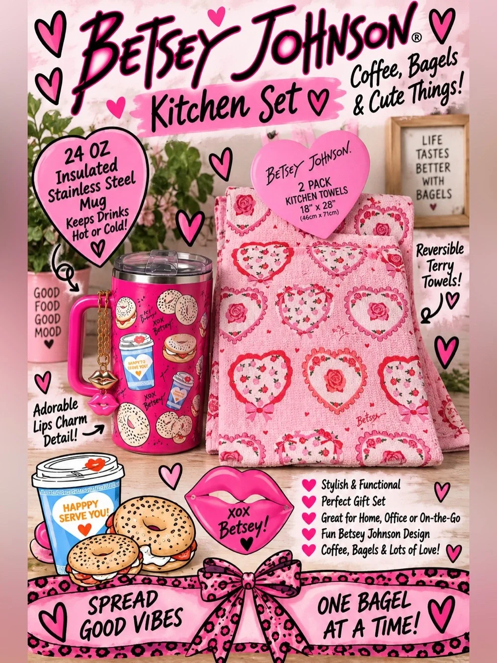 Betsey Johnson Pink Bagel Coffee 24oz Tumbler + Kitchen Towels Set NWT